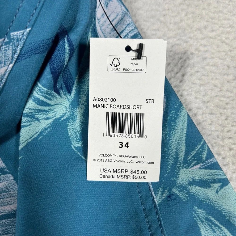 Volcom Manic Boardshorts Mens 34 Teal Floral Tropical Print A0802100